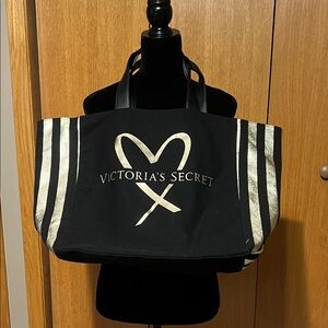 EUC Victoria Secret Tote Bag Black/Gold Striped Weekend Bag Limited Edition 2017
